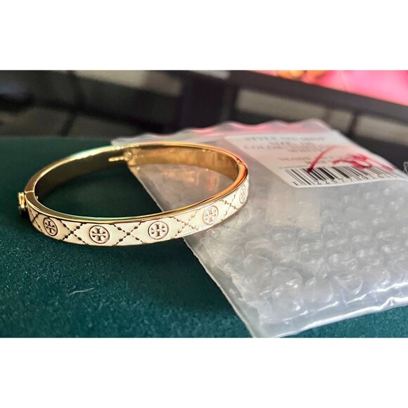 Tory Burch Double T Monogram Gold & Ivory Enamel Logo Bracelet - Picture 6 of 7